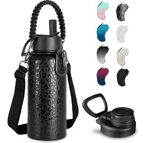 KXIAOCHEN 24 oz insulated Water Bottle with Paracord Handles & Strap, 2 Lids(Straw Lid&Spout Lid), Stainless Steel Reusable Wide Mouth Metal Water Bottle With Straw, Double Walled(Black)