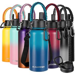KXIAOCHEN 24 oz insulated Water Bottle with Paracord Handles & Strap, 2 Lids(Straw Lid&Spout Lid), Stainless Steel Reusable Wide Mouth Metal Water Bottle With Straw, Double Walled(Black)