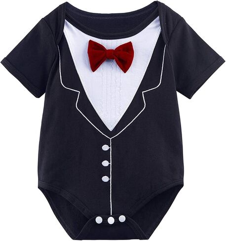 A&J DESIGN Baby Boys Tuxedo Bodysuit One-Piece with Bow tie 3-24 Months | Infant Outfit, Embroidered, Breathable, Pure Cotton, Lightweight, Real Bow Tie, Short Sleeve Skin-Friendly, Birthday, Formal in Saudi Arabia