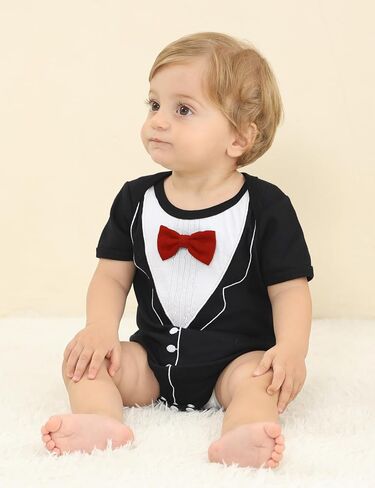 A&J DESIGN Baby Boys Tuxedo Bodysuit One-Piece with Bow tie 3-24 Months | Infant Outfit, Embroidered, Breathable, Pure Cotton, Lightweight, Real Bow Tie, Short Sleeve Skin-Friendly, Birthday, Formal in Saudi Arabia