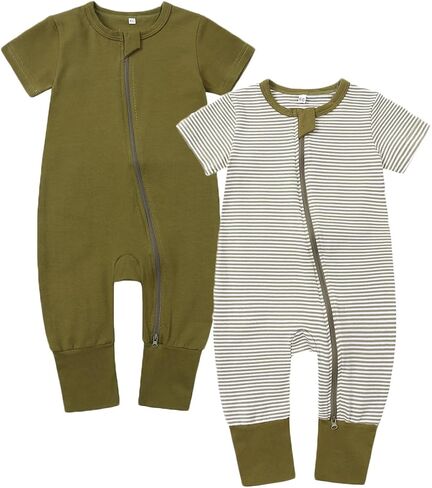 Feidoog Toddler Zipper Romper 2 Pack Cotton Short Sleeve One Piece Jumpsuit | Soft and Breathable,Fabric Neck Protector and Inside Zip, Toddler Romper Suit for 3 months - 24 month Baby Boys Girls in Kuwait