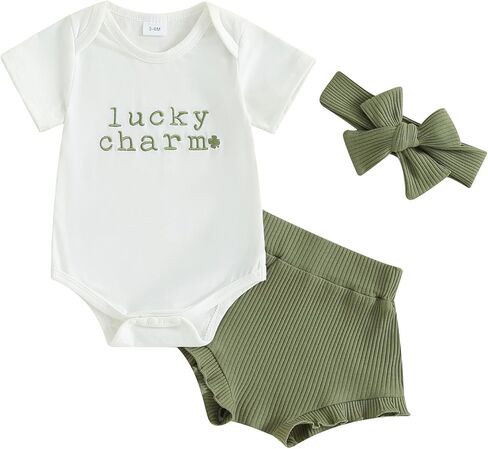 Bowanadacles Newborn Baby Girl St. Patrick's Day Clothes Outfit Four Leaf Clover Short Sleeve Romper Bottom Headband Set in Kuwait