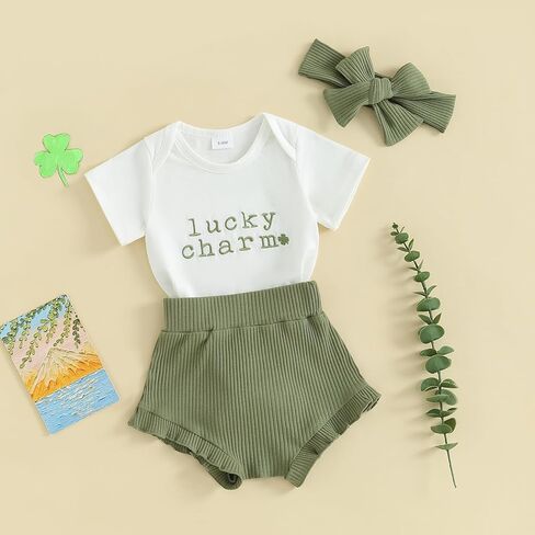 Bowanadacles Newborn Baby Girl St. Patrick's Day Clothes Outfit Four Leaf Clover Short Sleeve Romper Bottom Headband Set in Kuwait