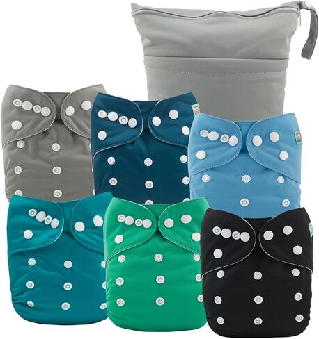 ALVABABY 6pcs Cloth Diaper Covers &1 Wet Dry Bag, Washable Reusable Cloth Diaper Shell for Prefold with Multi-Functional Bag, Flat or Fitted Diaper Inserts 6NKZ04 in Kuwait