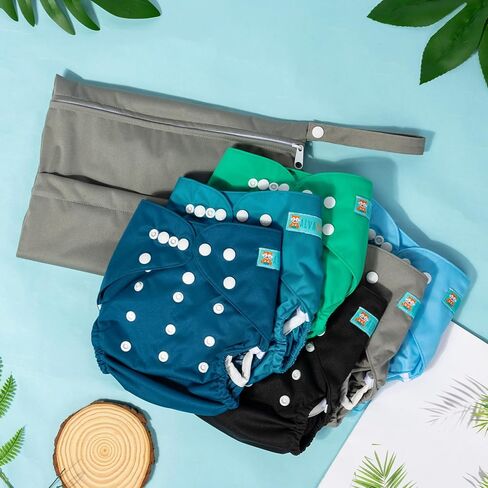 ALVABABY 6pcs Cloth Diaper Covers &1 Wet Dry Bag, Washable Reusable Cloth Diaper Shell for Prefold with Multi-Functional Bag, Flat or Fitted Diaper Inserts 6NKZ04 in Kuwait