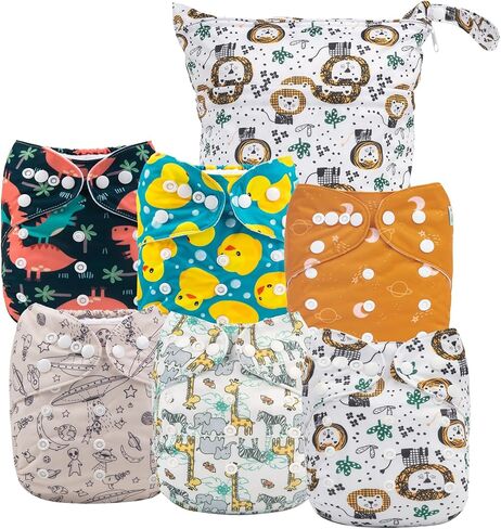 ALVABABY 6pcs Cloth Diaper Covers &1 Wet Dry Bag, Washable Reusable Cloth Diaper Shell for Prefold with Multi-Functional Bag, Flat or Fitted Diaper Inserts 6NKZ04 in Kuwait