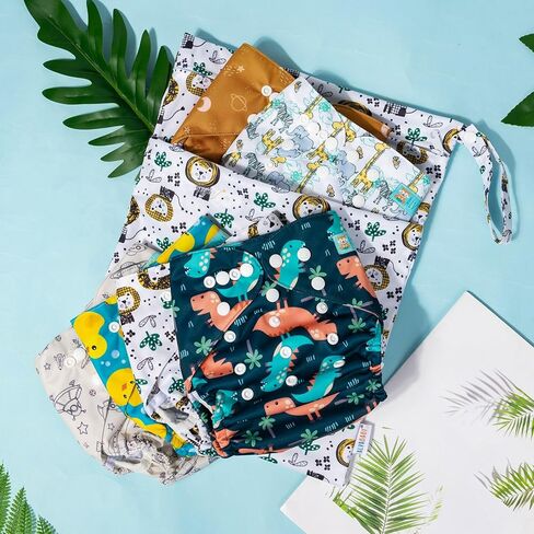 ALVABABY 6pcs Cloth Diaper Covers &1 Wet Dry Bag, Washable Reusable Cloth Diaper Shell for Prefold with Multi-Functional Bag, Flat or Fitted Diaper Inserts 6NKZ04 in Kuwait