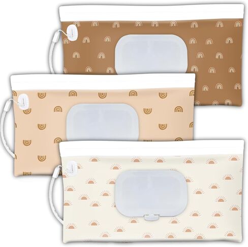 3pack baby wipes dispenser， wipe container for travel，cute style Reusable Portable Wipe Holder，Refillable Wet Wipe Pouch(boho rainbow sun style) in Kuwait