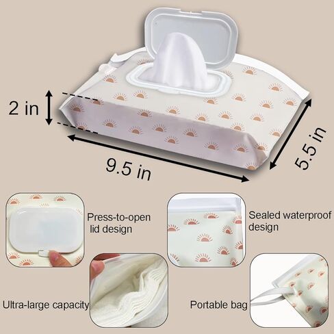 3pack baby wipes dispenser， wipe container for travel，cute style Reusable Portable Wipe Holder，Refillable Wet Wipe Pouch(boho rainbow sun style) in Kuwait