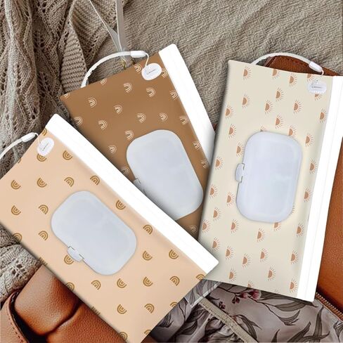 3pack baby wipes dispenser， wipe container for travel，cute style Reusable Portable Wipe Holder，Refillable Wet Wipe Pouch(boho rainbow sun style) in Kuwait