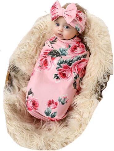 مجموعة بطانية استقبال من Galabloomer، مجموعة عصابة رأس بطباعة زهور، قماط أطفال، بطانيات استقبال (كحلي 9) in Kuwait