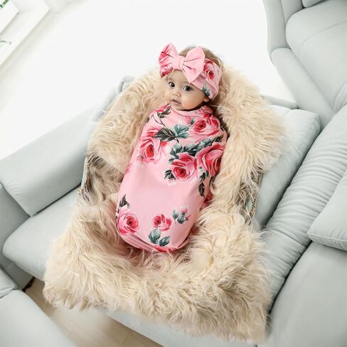 مجموعة بطانية استقبال من Galabloomer، مجموعة عصابة رأس بطباعة زهور، قماط أطفال، بطانيات استقبال (كحلي 9) in Kuwait