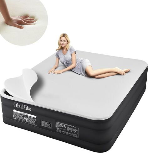 مرتبة هوائية كوين من مجموعة OlarHike Signature Collection مع مضخة مدمجة، مرتبة هوائية فاخرة مقاس 18 بوصة مع طبقة علوية من إسفنج الحرير للتخييم والمنزل والضيوف، سرير هوائي متين وسريع وسهل النفخ/التفريغ باللون الأسود in Kuwait