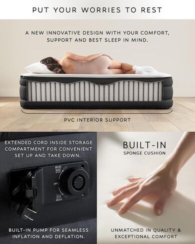 مرتبة هوائية كوين من مجموعة OlarHike Signature Collection مع مضخة مدمجة، مرتبة هوائية فاخرة مقاس 18 بوصة مع طبقة علوية من إسفنج الحرير للتخييم والمنزل والضيوف، سرير هوائي متين وسريع وسهل النفخ/التفريغ باللون الأسود in Kuwait