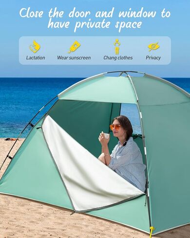 خيمة شاطئ تتسع من 2 إلى 4 أشخاص، خيمة شاطئ ومأوى للشمس بعامل حماية من الأشعة فوق البنفسجية 50+، نافذة شبكية كبيرة قابلة للتنفس، سهلة التركيب، للشاطئ والتخييم وصيد الأسماك in Kuwait