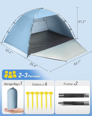 خيمة شاطئ تتسع من 2 إلى 4 أشخاص، خيمة شاطئ ومأوى للشمس بعامل حماية من الأشعة فوق البنفسجية 50+، نافذة شبكية كبيرة قابلة للتنفس، سهلة التركيب، للشاطئ والتخييم وصيد الأسماك in Kuwait
