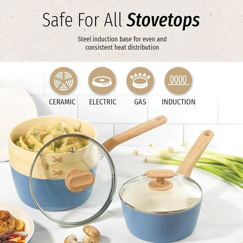 طقم أواني طهي سيراميك صحي مكون من 10 قطع من GoodCook مع قدور ومقالي وقدر بخاري وملعقة ومقلاة، طقم قدور ومقالي غير لاصقة للمطبخ، أزرق فاتح in Kuwait