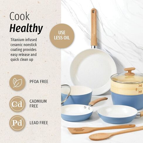 طقم أواني طهي سيراميك صحي مكون من 10 قطع من GoodCook مع قدور ومقالي وقدر بخاري وملعقة ومقلاة، طقم قدور ومقالي غير لاصقة للمطبخ، أزرق فاتح in Kuwait