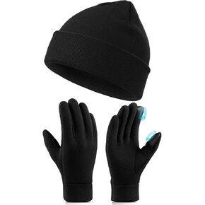 Winter Gloves Beanie Hat Set: Polar Fleece Gloves Soft Knit Cap Set for Men and Women