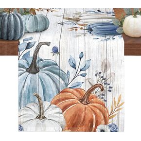 Table Runner, Thanksgiving Blue Pumpkins Ombre Blue Wood Grain Cotton Linen Table Runners for Dinner, Party, Wedding, Catering Events, Holiday, Farmhouse, Dresser Scarves Decor 13x90 inch
