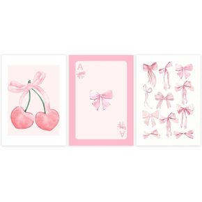 Darivefish Set of 3 Vintage Trendy Pink Bows Poster Coquette Bows Cherry Print Wall Art Preppy Poster College Apartment Decor Pink Girly Wall Art Decor Canvas 12x16Inch Unframed