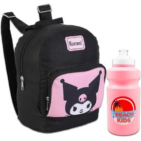 Kuromi Mini Backpack Set for Kids - 10" Canvas Kuromi Backpack with Front Pocket Plus Water Bottle | Hello Kitty and Friends Backpack Bundle