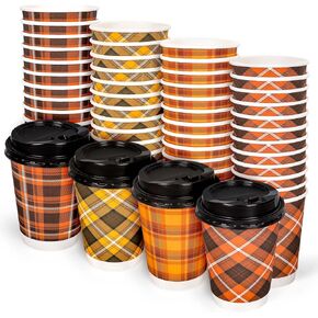 48Pcs Fall Buffalo Plaid Paper Cups Autumn Checkered Disposable Coffee Cups with Lids for Thanksgiving Birthday Holiday Party Coffee Bar Decor Supplies Hot Cold Drinks Beverage, 12 Oz