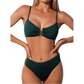 SHENHE Women's Ribbed Bikini Set Spaghetti Strap U Wire V Neck 2 Piece Swimsuits Bathing Suit