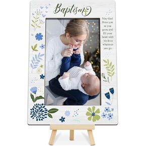 Baptism Picture Frame 4x6, Christian Baptism Gifts for Godchild, Blue Flower Gifts, Baby Baptism Gifts for Girls Boys, Wood Decor for Desk Display-B07