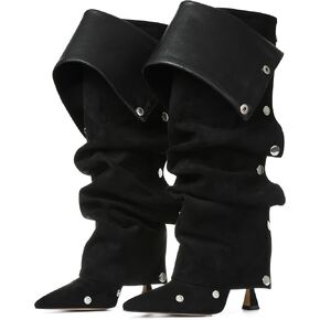 VOMIRA Women's Knee High Boots Stiletto Boots Pointed Toe High Heels Wide Calf Ruched Slouchy Boots Detachable Snap-off Panel Mid Calf Boots Black Boots