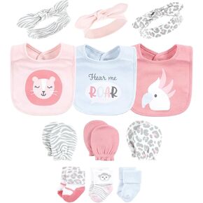 Hudson Baby Baby Girls Caps or Headbands, Bibs, Mittens and Socks 12pc Set, Strawberry, 0-6 Months