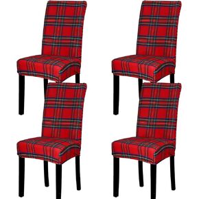 AnyDesign 4Pcs Christmas Chair Slipcovers Xmas Red Green Plaid Pattern Dining Chair Covers Protector Removable Stretch Elastic Seat Covers for Home Kitchen Living Room Hotel Office