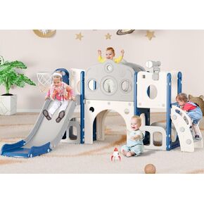 Toddler Slide Set, 8 in 1 Kids Slide with Climber, Indoor Outdoor Slide for Toddlers Age 1-3, Toddler Playset with Basketball Hoop and Tunnel, Toddler Indoor Outdoor Playground (White&Gray)