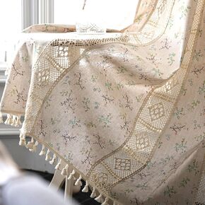 Bringsine Crochet Floral Farmhouse Curtains Closet Semi-Blackout Living Room Drapes 63 Inch Length Cotton Linen Blend Short Bohemian Window with Tassel Beige Rod Pocket Bedroom, 1 Panel