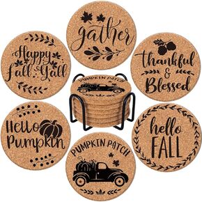 Whaline 6Pcs Fall Drink Coasters with Cork Base Hello Fall Thankful Blessed Wood Absorbing Coasters Thanksgiving Round Cup Mat for Autumn Kitchen Table Bar Party Gift Tabletop Protection Home Decor