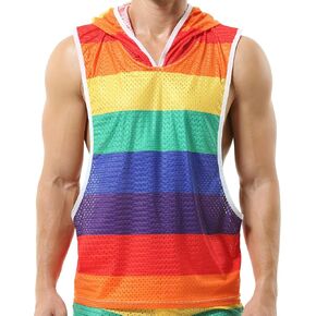DTODWW Men's Workout Tank Tops Rainbow Hooded Sleeveless Y-Back Muscle Mesh Shirts for Athletic Exercise Relaxed