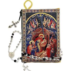 Needzo Nativity of Jesus Rosary Pouch Tapestry Icon with Zipper Keepsake Holder 5 3/8 Inch