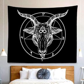 Demon Satanic Goat Tapestry Black Symbol Divination Wall Hanging Decor Indian Mandala Bohemian Hippie Trippy Large Tapestry for Bedroom Living Room Dorm(80x60 Inch)
