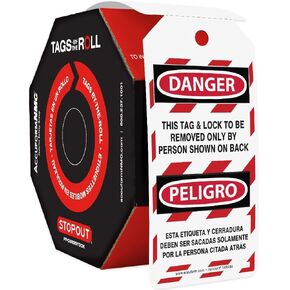 Accuform 100 Lockout Tags by-The-Roll, Bilingual Danger This Tag & Lock to be Removed Only by Person Shown on Back, US Made OSHA Compliant Tags, Tear & Water Resistant PF-Cardstock, 6.25"x 3", TAR464