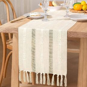 MLMW Beige Table Runner with Tassels Cotton Linen 60 Inches Long Boho Table Runner for Home Decor, Dining Table, Coffee Table Decoration