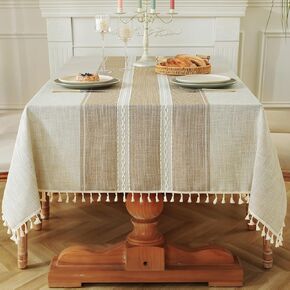 Laolitou Cotton Linen Waterproof Tablecloth for Dining Table Farmhouse Kitchen Rectangle Table Cloth Coffee Wrinkle Free Table Cover, Beige, Coffee Flower, 55x86 Inch