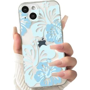 Compatible for iPhone 13 Case Cute Clear Hibiscus Flower Floral Aesthetic Printed Design for Girls Women Soft TPU Shockproof Protective Girly for iPhone 13-Pink