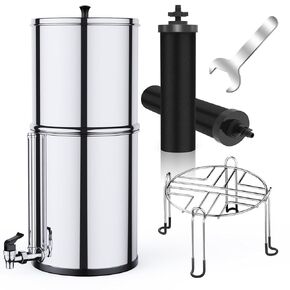 Gravity-fed Water Filter System, NSF/ANSI 372 Certification, 304 Stainless Steel Water Purifier System with Sight Glass Spigot, 2 Water Filters and Stand, Refreshing Water at Home, Camping,2.25 Gallon
