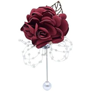 4Pieces/lot Groom Boutonniere Man Women Bride Wrist Corsage Silk Rose Pearls Wedding Flowers Party Decoration (Wine Red, wrist corsage)