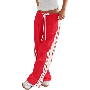 Casual Crayon Striped Pants for Women Drawstring Elastic High Waist Lounge Pant Color Block Baggy Wide Leg Sweatpants
