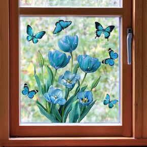 Flower Window Clings Blue Tulip Window Clings Double-Sided Reusable Static Butterfly Window Decals Anti-Collision Summer Floral Window Stickers for Home Office School Shop Window Glass Decor Supplies
