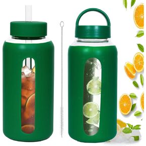 25oz Glass Water Bottles，glass tumbler with straw and 2 lid，Glass Cup with Lid and Straw(BPA Free)，Water Bottle with Handle for Outdoor Sports and Home Use. (Orange)