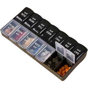 Large Pill Organizer, Weekly Portable Pill Dispenser Reminder, Travel Daily Pill Case Box Holder, Medication Planner for Vitamin, Medicine, Fish Oil, Supplements, 14 Compartment, Transparent
