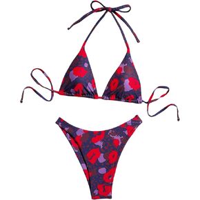 Women's 2 Piece Floral Bathing Suit Set Summer Tie Backless Halter Swimsuit Sexy High Cut Bikini Sets