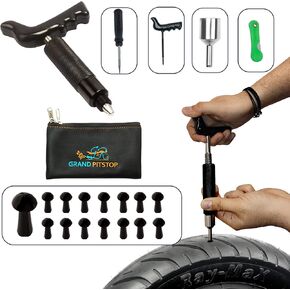GRAND PITSTOP 22 Pcs Tire Puncture Repair Kit with Multi-functional Folding Plier Compatible for car Motorcycle, Truck, ARB,ATV, Tractor, RV, SUV, Trailer (15 Mushroom Plugs)